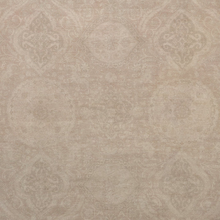 Vintage-inspired wallpaper with intricate floral motifs in soft beige tones.
