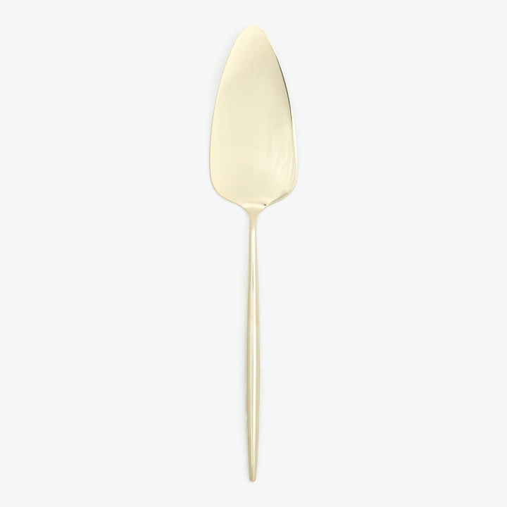 Elegant gold cake server with a broad spade-like shape.