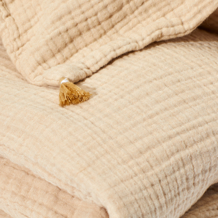 Cozy beige cushions with tassel detail exude natural home decor.