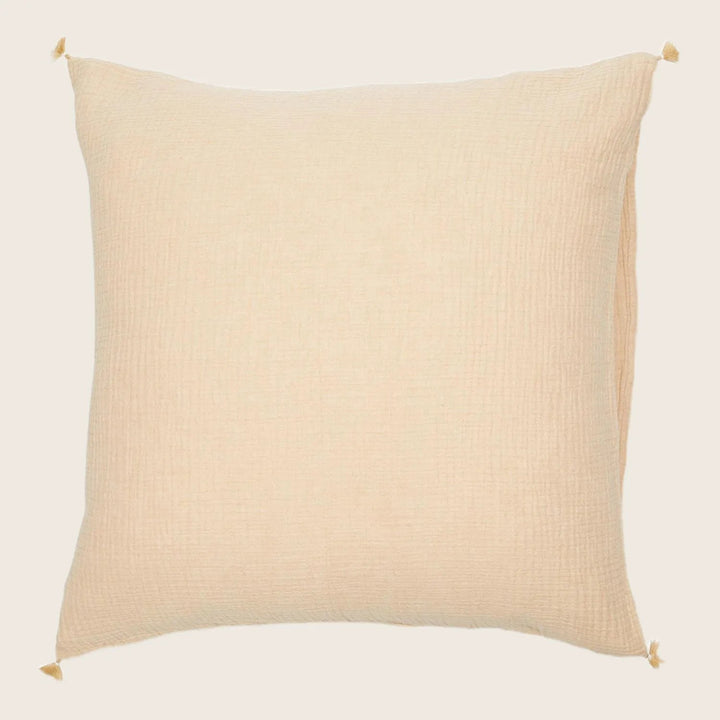 Plain, light-colored cushion with tassels in a neutral design.