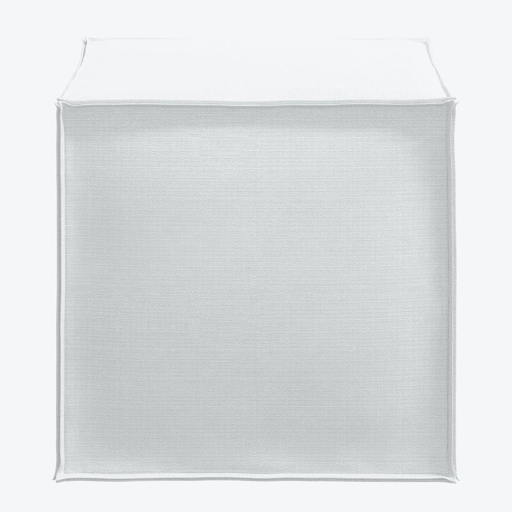 Plain white cube with woven texture, clean lines, and dimensionality.