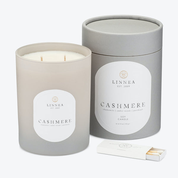 LINNEA's luxurious 'CASHMERE' scented soy candle exuding chamomile and patchouli.