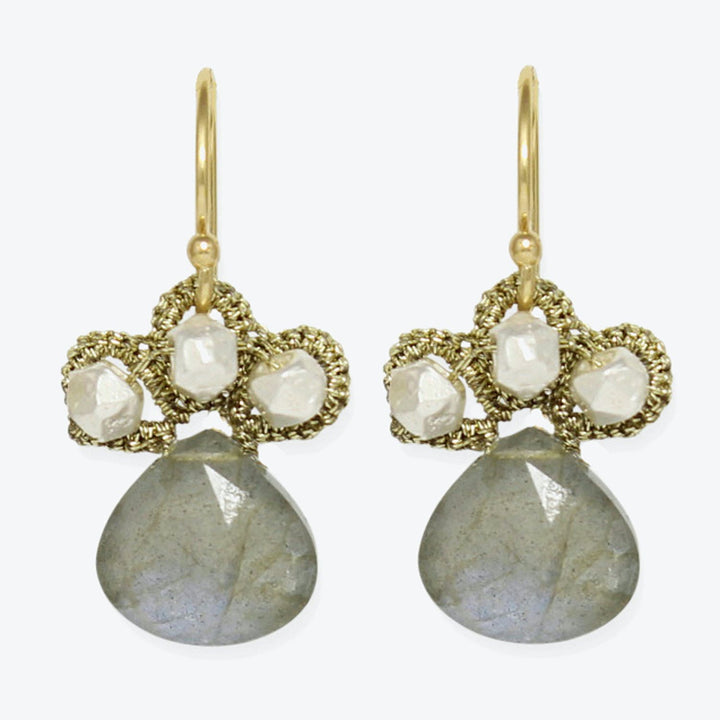 Gold-tone earrings featuring milky white gemstones with a translucent centerpiece