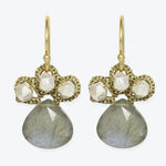 Gold-tone earrings featuring milky white gemstones with a translucent centerpiece