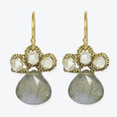 Gold-tone earrings featuring milky white gemstones with a translucent centerpiece