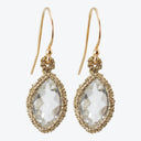 Exquisite golden earrings adorned with faceted clear teardrop-shaped gemstones.