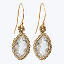 Elegant gold earrings featuring a faceted teardrop-shaped gemstone.
