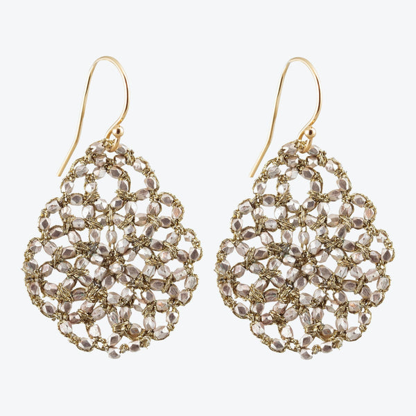 Exquisite gold lattice earrings adorned with sparkling clear gemstones.