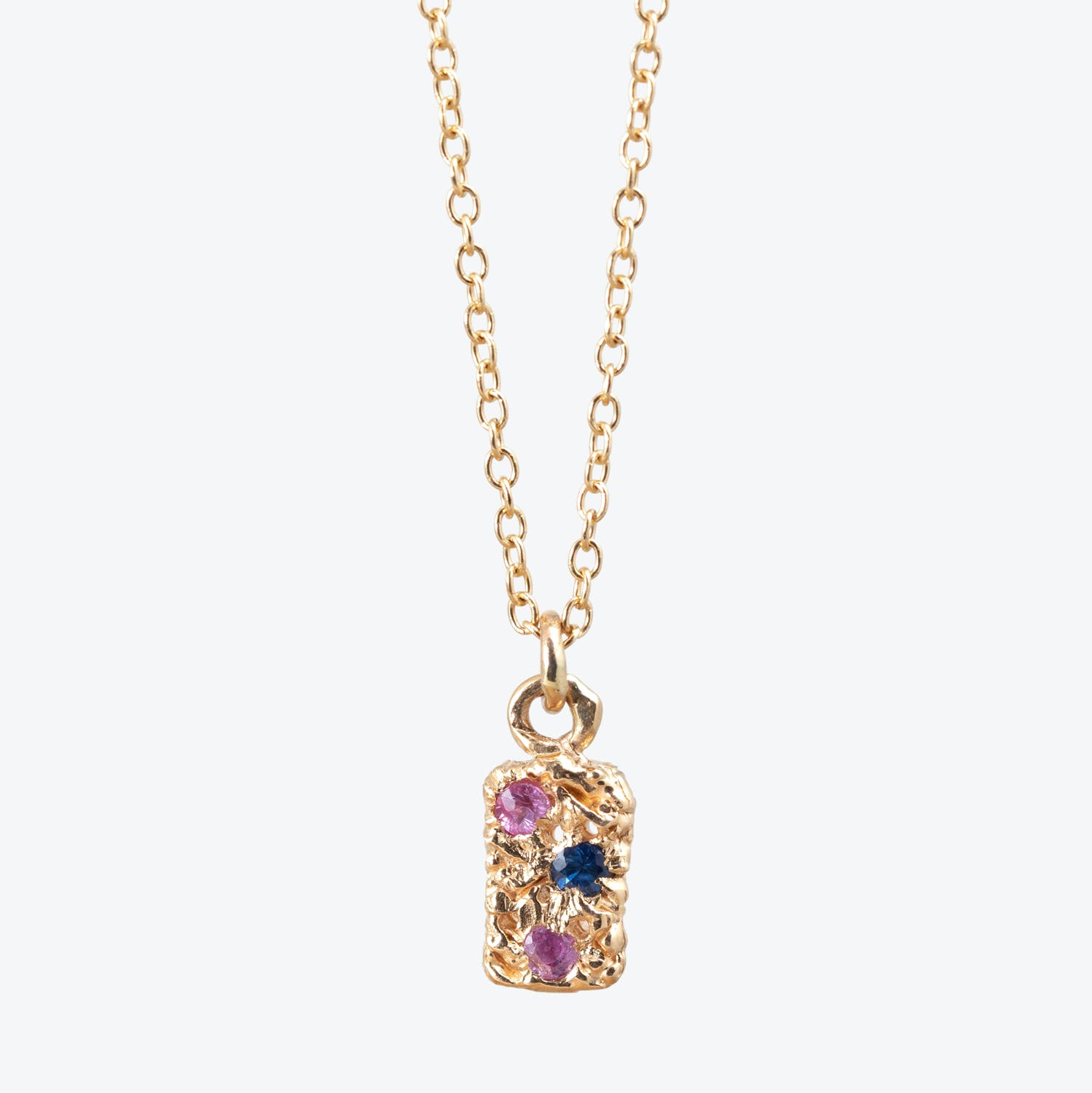 Pink & Blue Sapphire Textured Rectangle Necklace