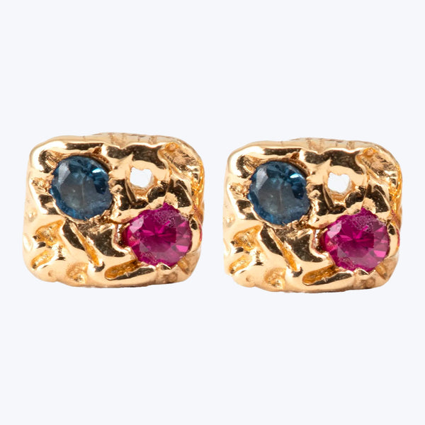 Handmade gold-toned earrings with blue and pink gemstone embellishments
