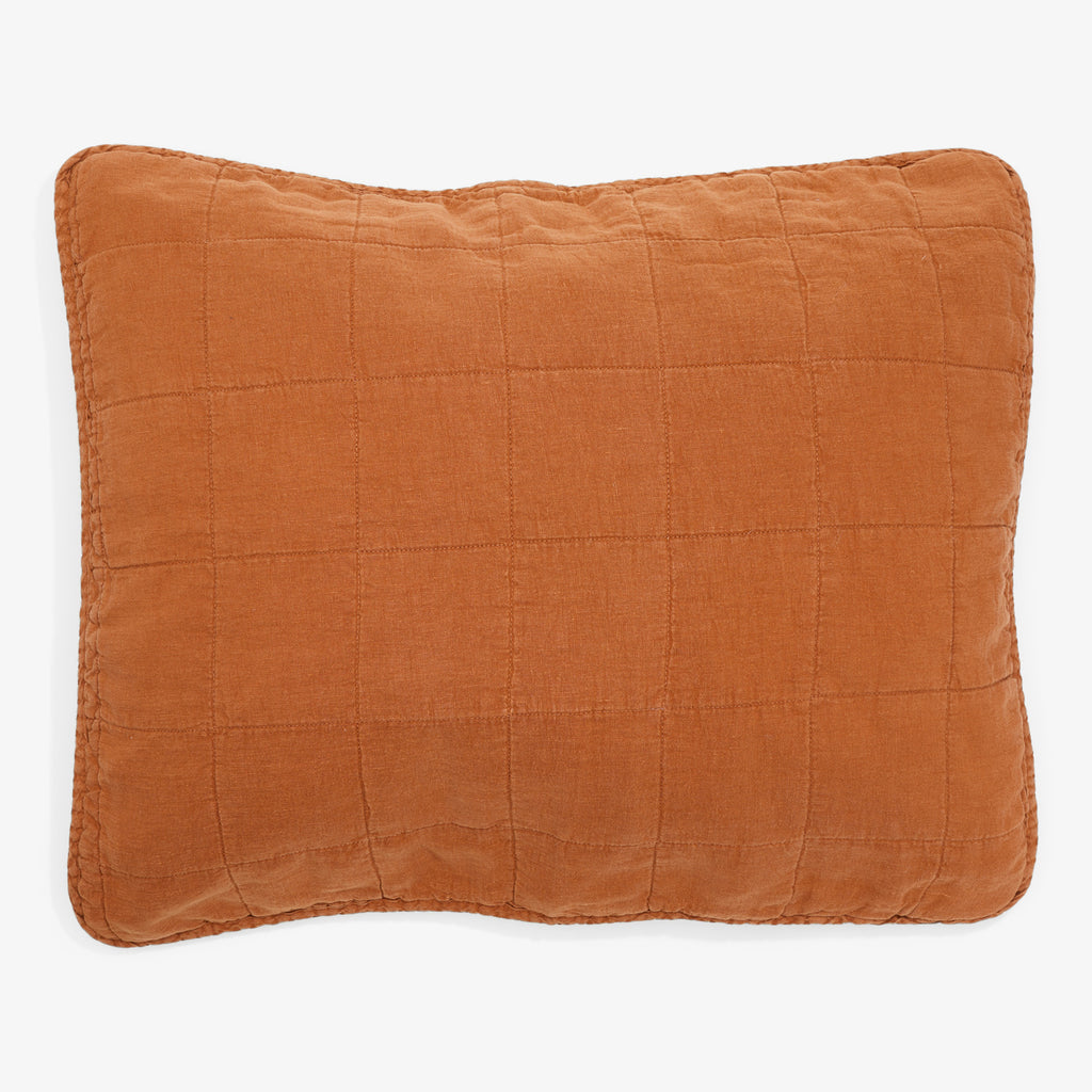 Quilted burnt orange cushion with ruffled edges on white background.