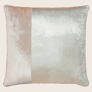 Velvety dual-tone decorative cushion with a lustrous blush and silver design.