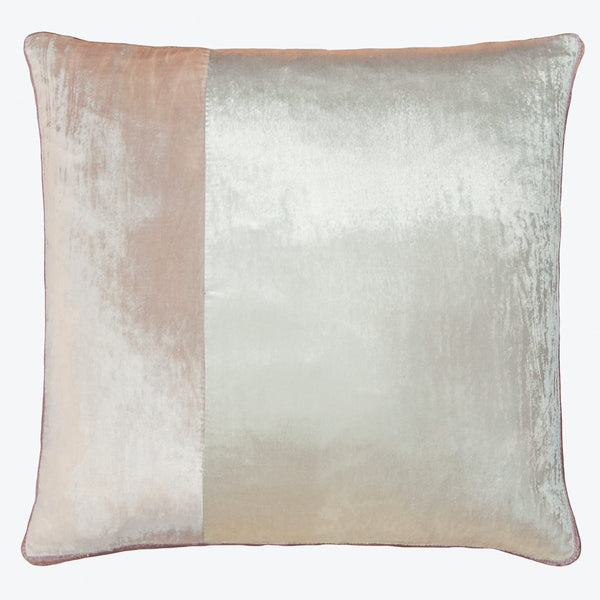 Velvety dual-tone decorative cushion with a lustrous blush and silver design.