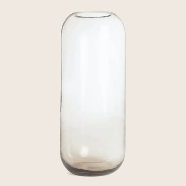 Clear glass vase with smooth surface and simple cylindrical design.