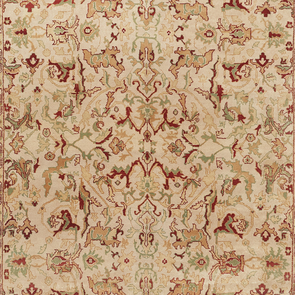 Intricate, handwoven oriental carpet showcases elegant floral and geometric motifs.