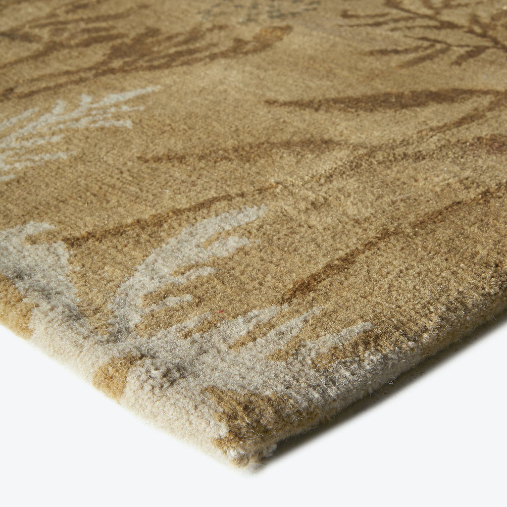 Close-up of plush carpet with abstract design in neutral tones.