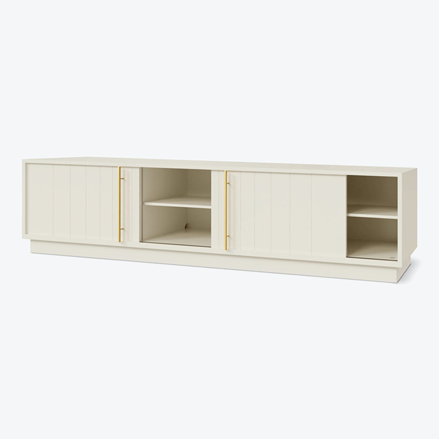 Modern, low-profile wooden TV stand with elegant gold accents and ample storage space.