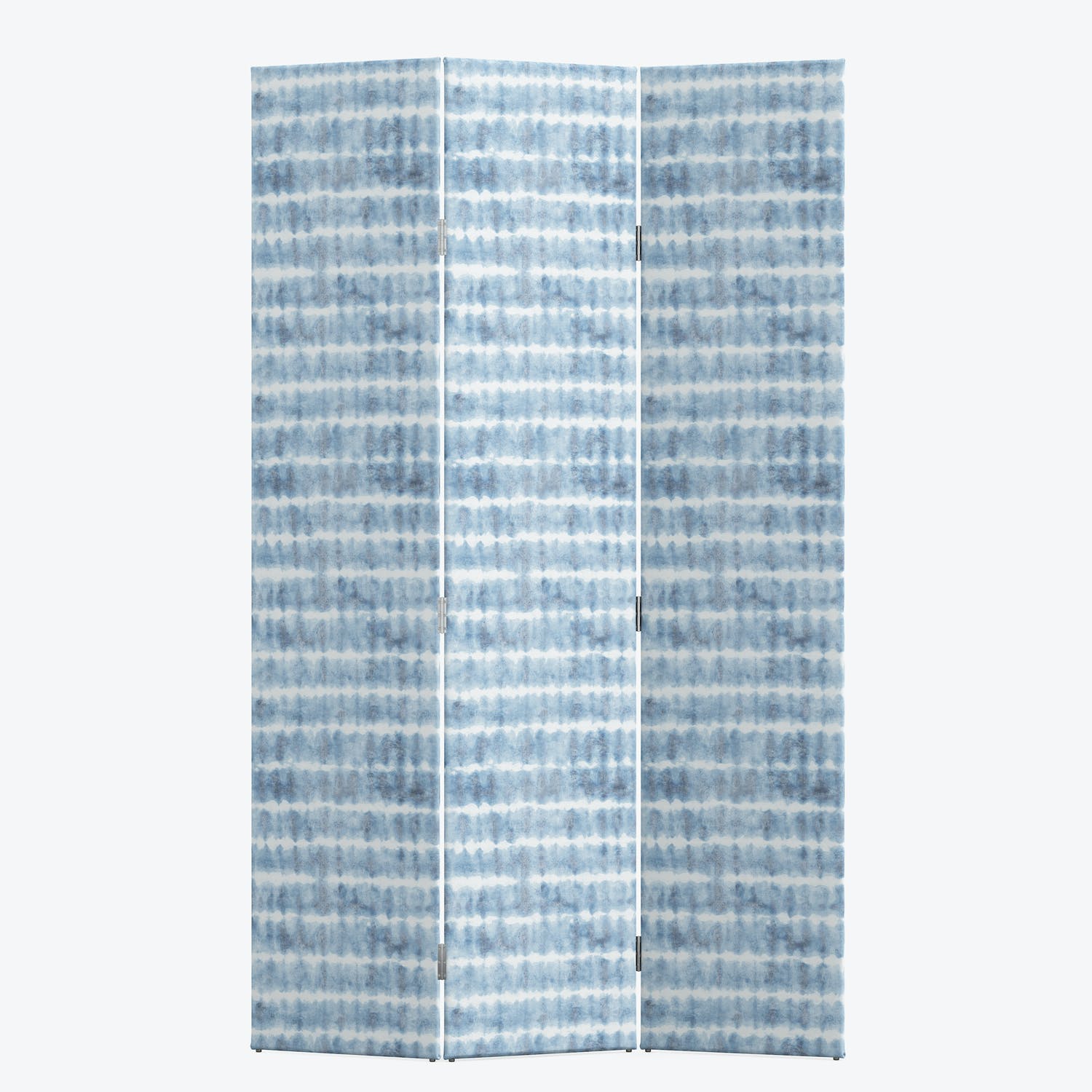 Three-panel folding screen with shibori-inspired blue and white design.