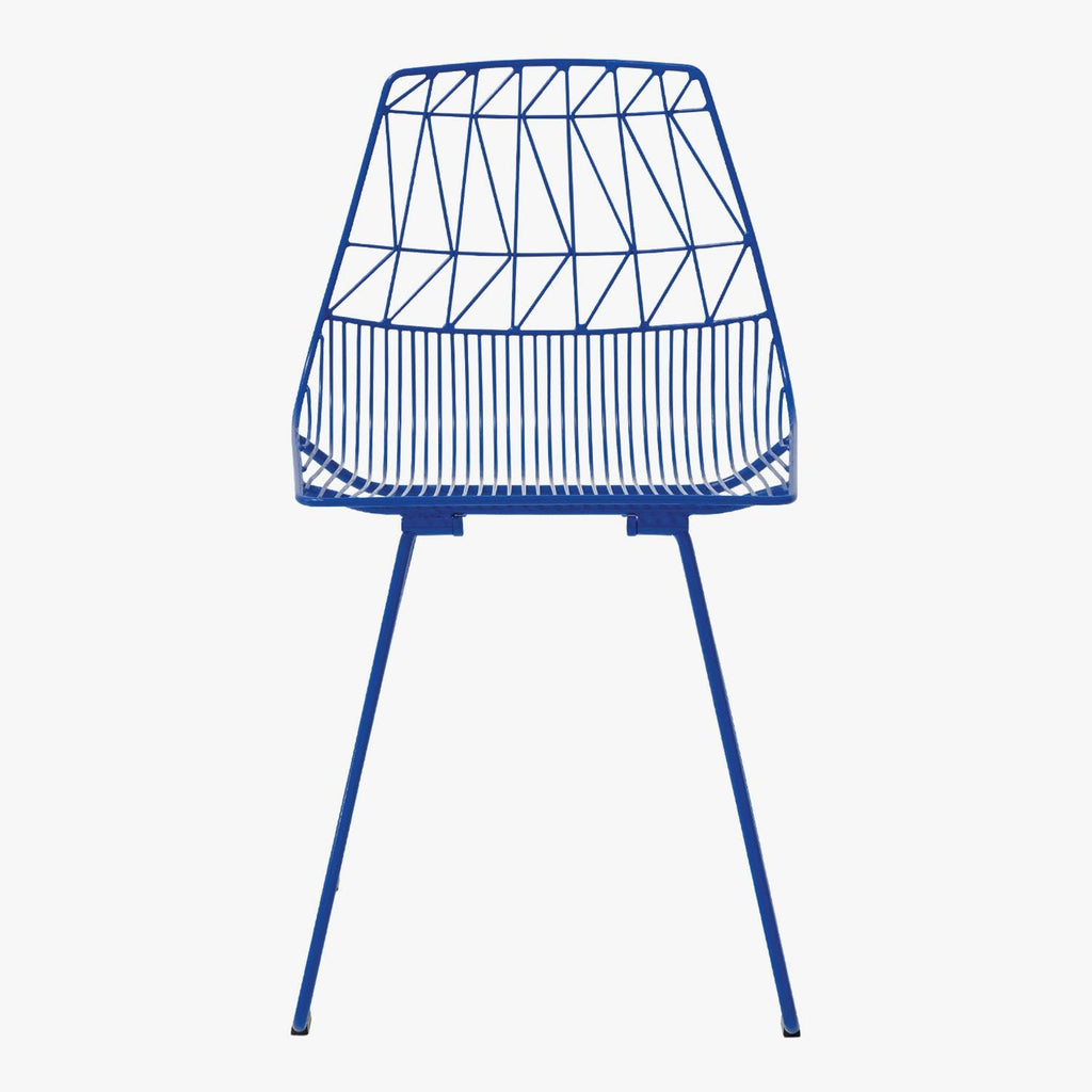 Modern minimalist blue chair with geometric metal rod frame design.
