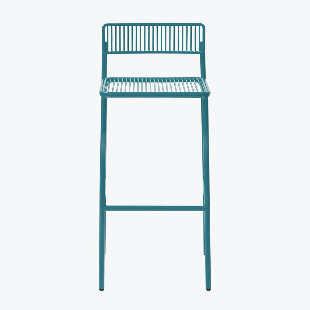 Minimalist teal bar stool with metal frame and slatted backrest