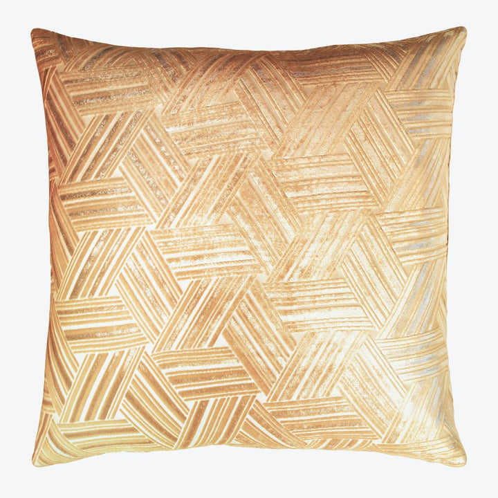 Square decorative pillow with geometric herringbone pattern in gold and cream.
