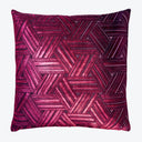 Decorative pillow with a geometric herringbone pattern in deep pink and burgundy.