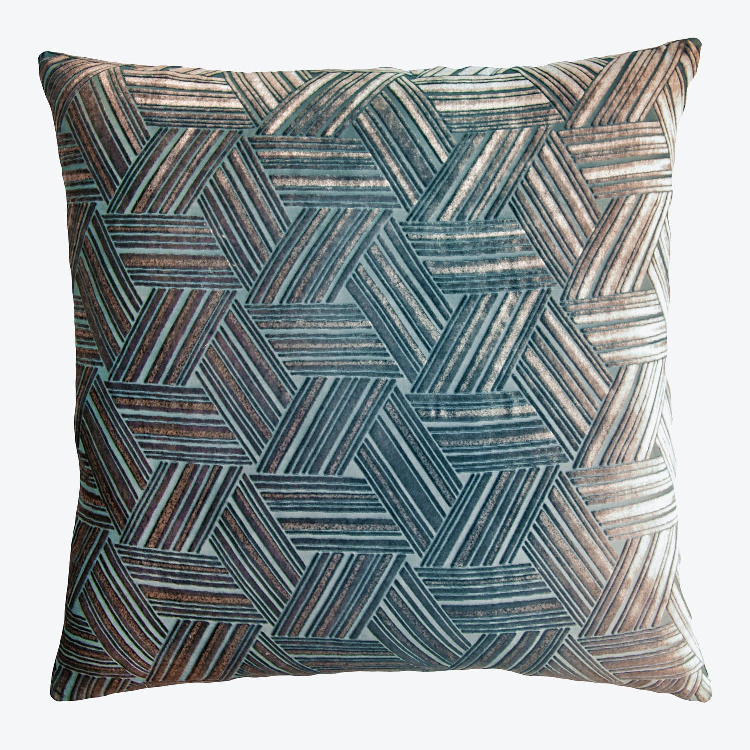 Vintage-style square pillow with blue and grey geometric pattern.