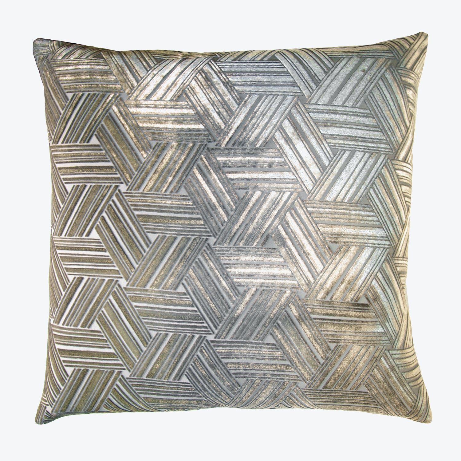Square decorative pillow with geometric herringbone pattern in metallic gray.
