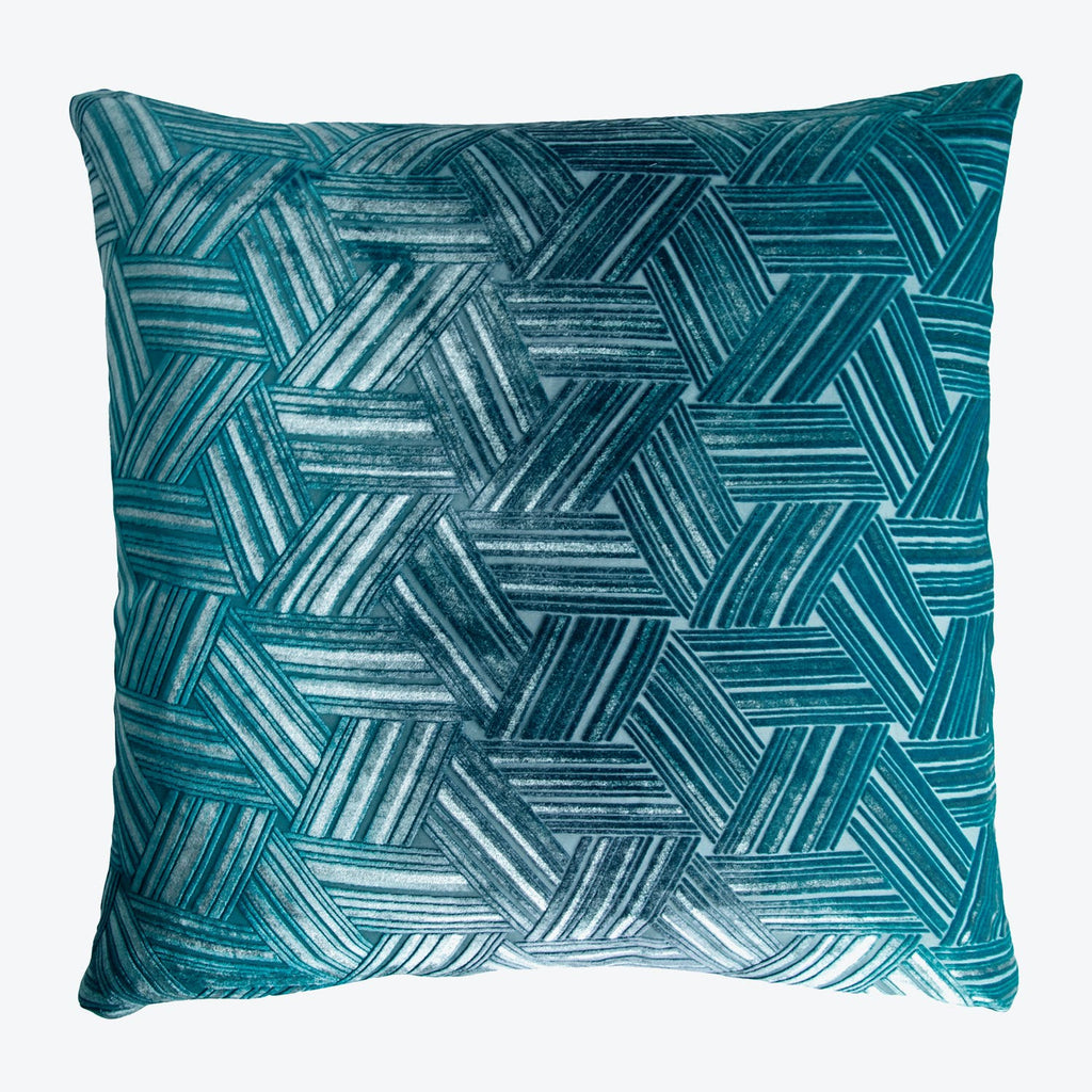 Velvet square pillow showcasing an intricate herringbone-inspired geometric pattern.