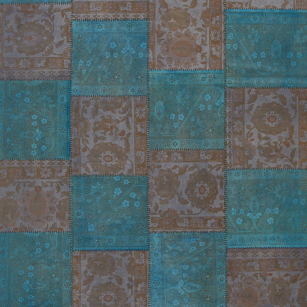 Patchwork of ornate carpet squares in earthy browns and vibrant turquoise hues, featuring intricate floral and geometric patterns stitched together.