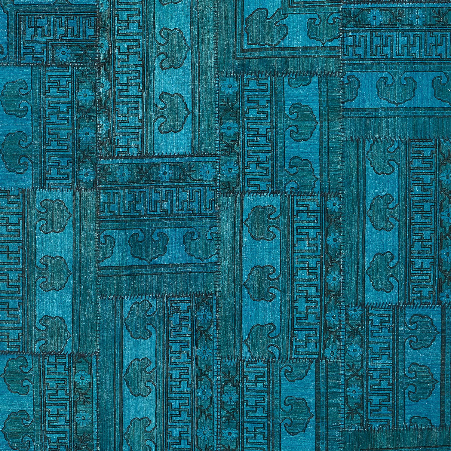Intricate blue patterned fabric with Asian-inspired motifs and vintage charm.