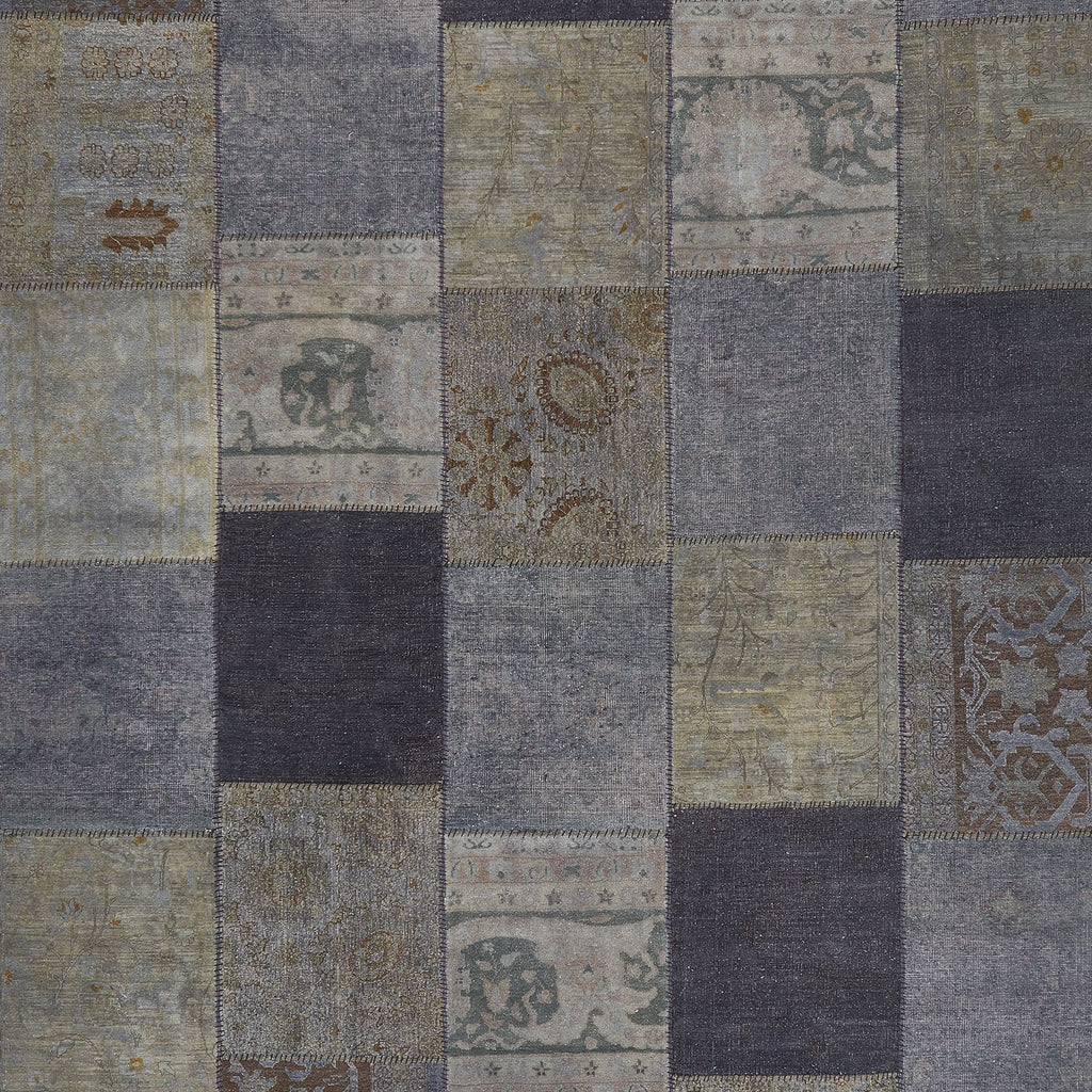 Patchwork of eclectic fabric swatches in blue, gray, and brown.