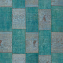 Teal fabric-inspired grid with vintage frayed edges and decorative imprints.