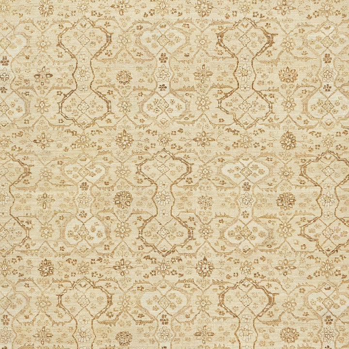 Detailed, symmetrical carpet pattern in earthy tones with floral motifs.