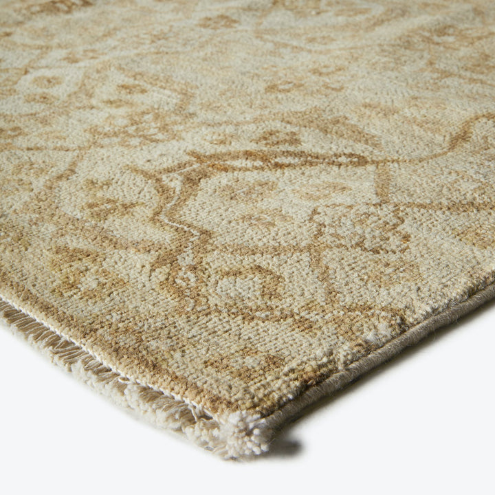 Close-up of a plush, textured rug with a floral pattern.