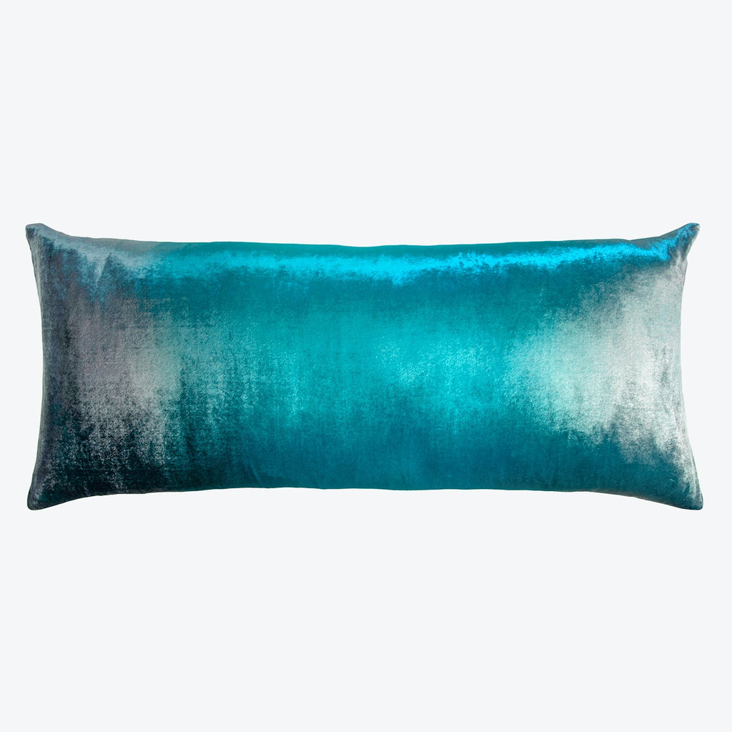 Rectangular pillow with gradient turquoise to black design on white background.