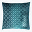 Square decorative cushion with intricate blue floral pattern and velvety texture.
