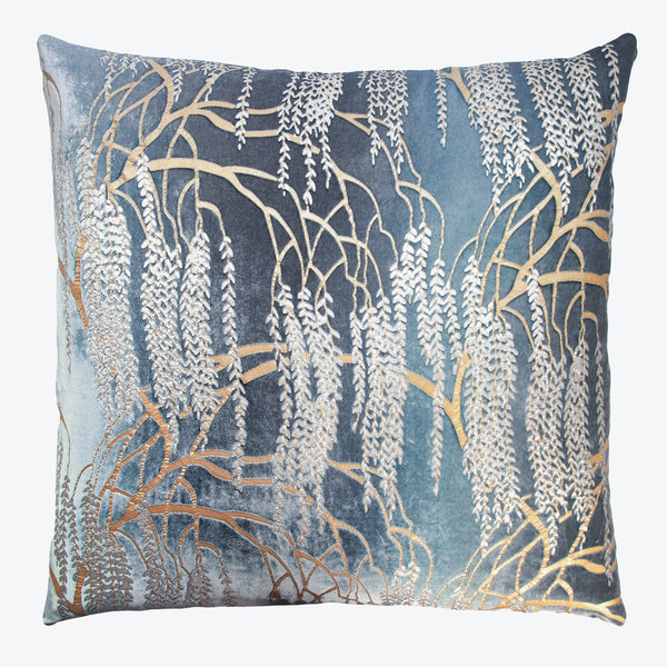 Artistic blue watercolor pillow featuring a stylized tree pattern