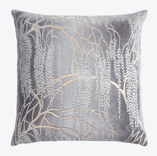 Plush gray pillow with elegant coral-inspired embroidered design