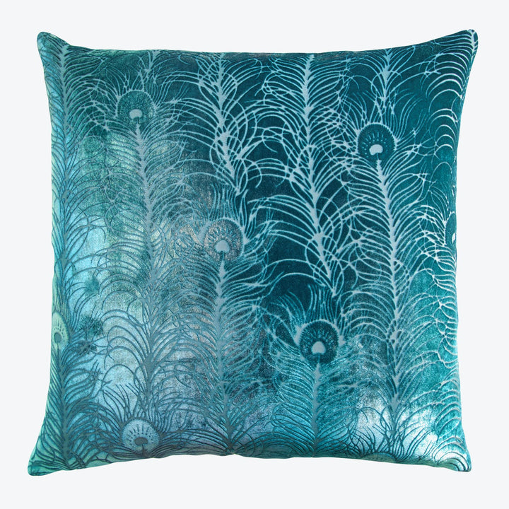 Square pillow with peacock feather pattern in rich teal hue.
