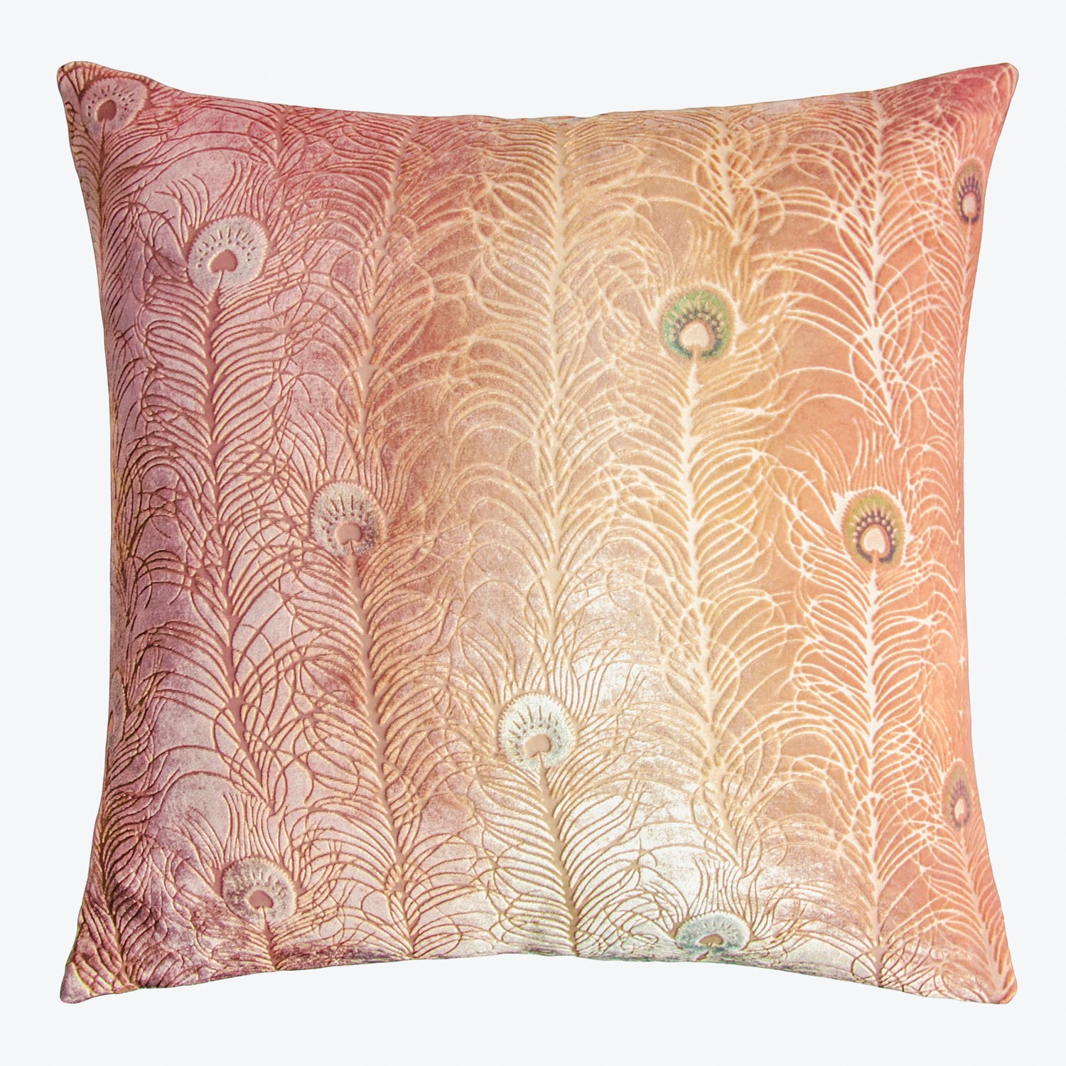 Square decorative pillow with botanical motif and peacock feather-like pattern in warm gradient tones.