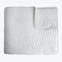 Neatly folded white quilted bedspread showcasing intricate raised texture design.