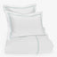 Clean and elegant white bedding set with mint piping accents