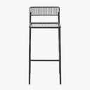 Minimalist black bar stool with metal frame and slatted seat.