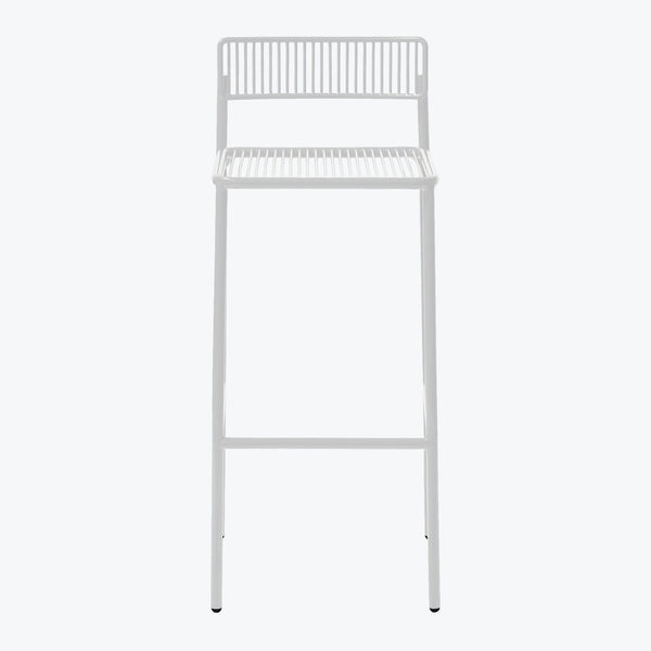 Minimalist white bar stool with vertical slats and sleek design.