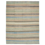 Rectangular area rug with striped pattern in earthy tones.