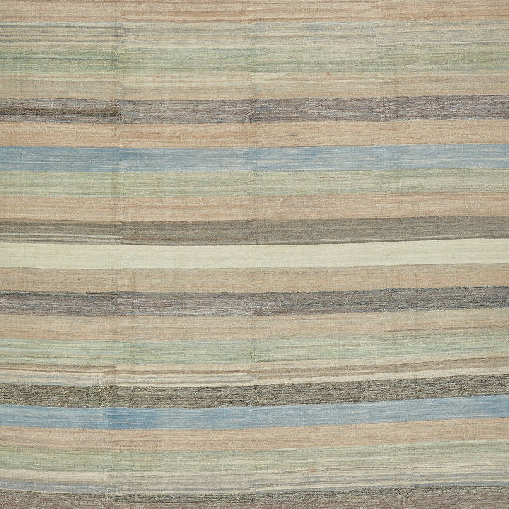 Textured fabric with horizontal stripes in earthy tones of brown, beige, green, and blue.