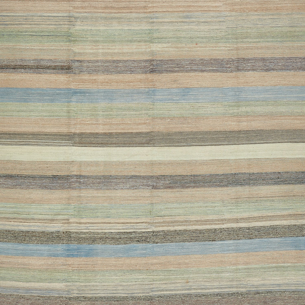 Textured fabric with horizontal stripes in earthy tones of brown, beige, green, and blue.