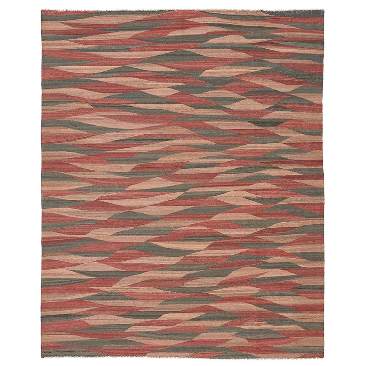 Modern geometric rug with interlocking waves in red and green