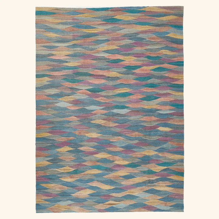 Vibrant and stylish rug with intricate diamond pattern and textured weave